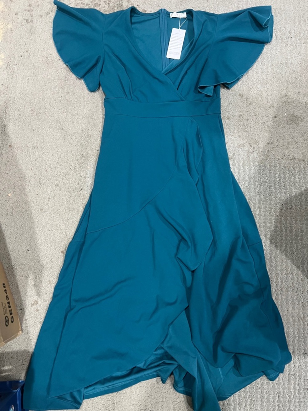 Flutter-Sleeve Teal Wrap Midi Dress